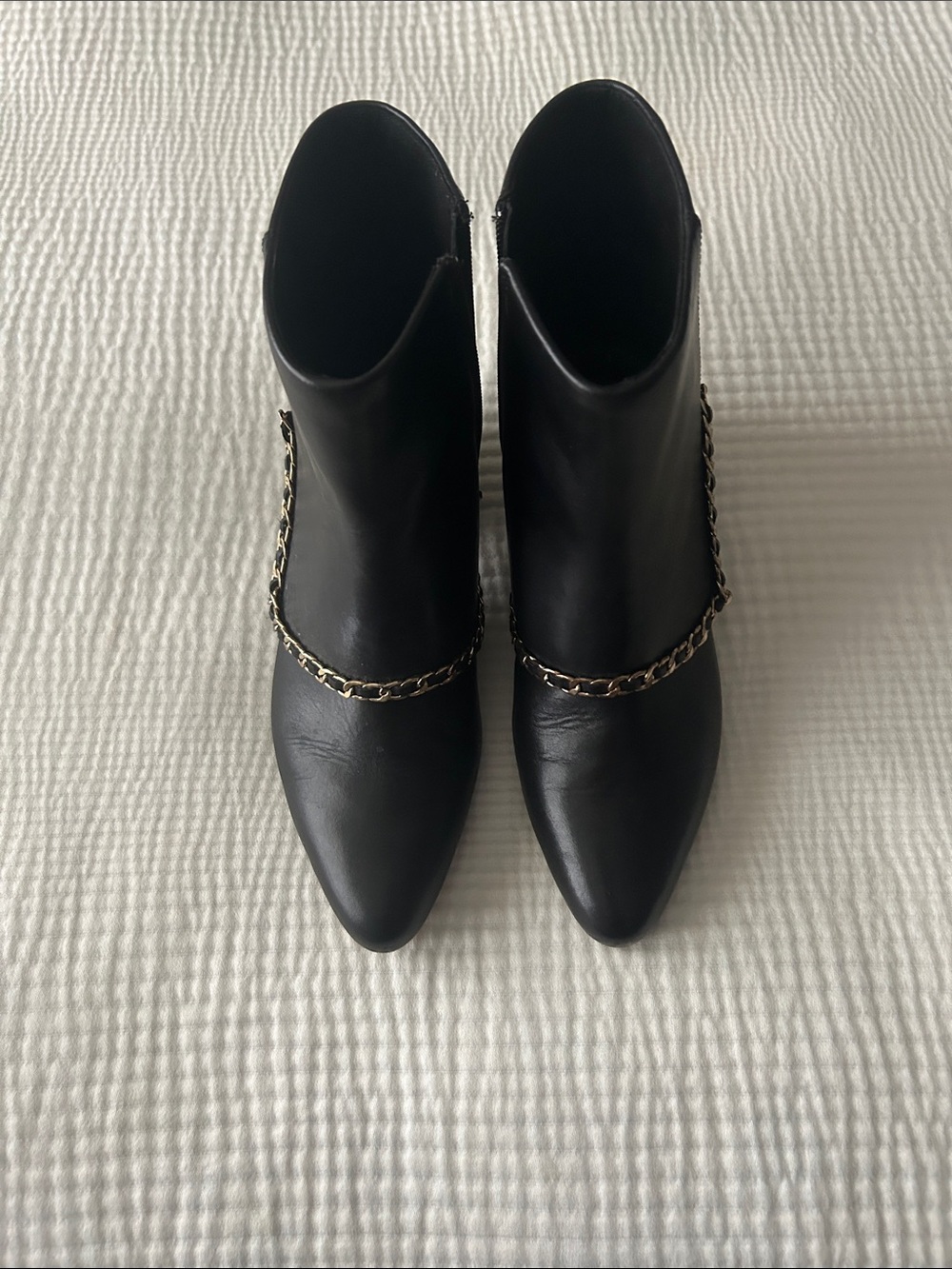 Karl Lagerfeld Black Pointed Ankle Boots with Gold Chain Trim